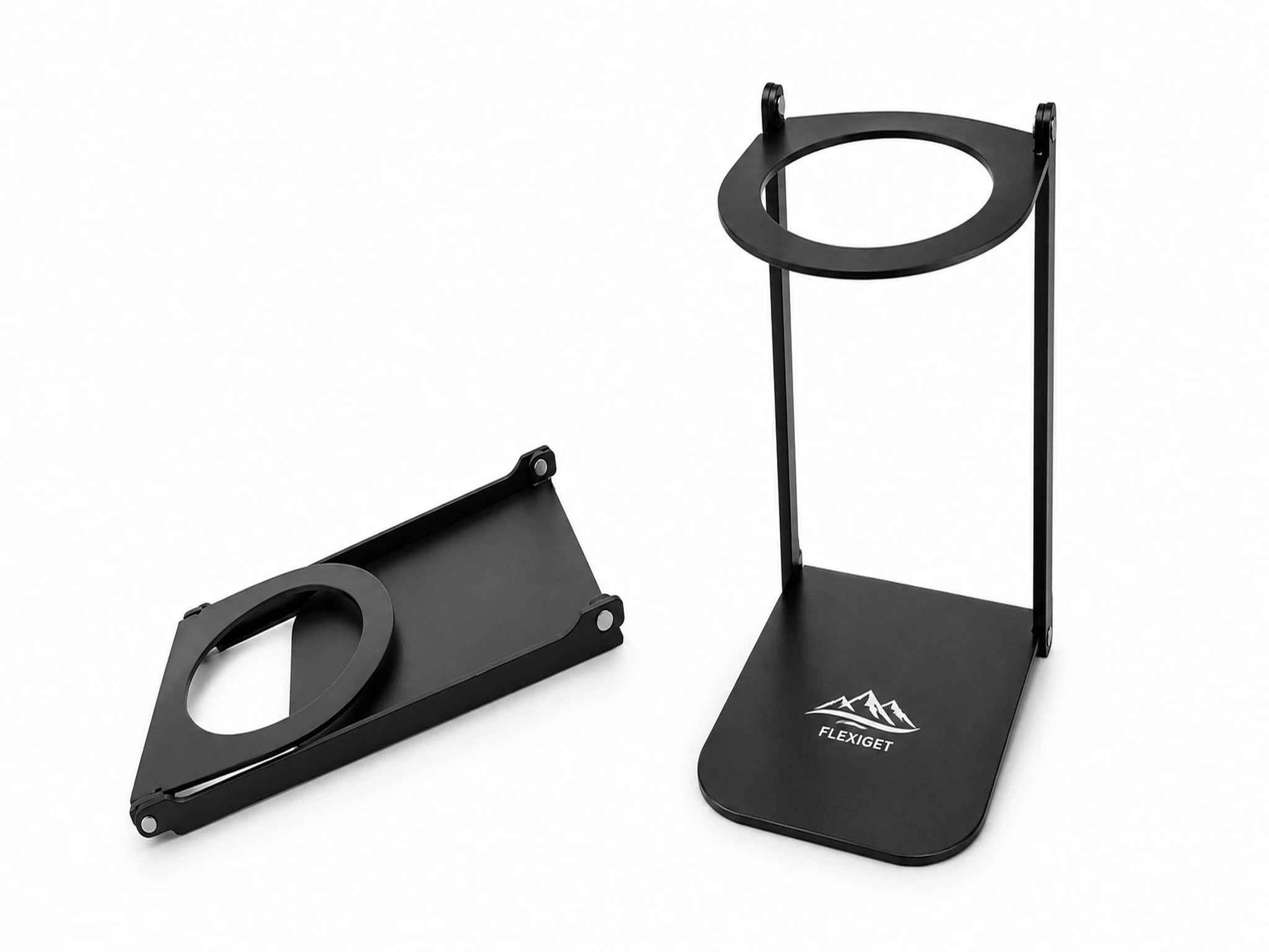 Support FlexiGet plié à plat 17x10x2cm comparé à sa version dépliée prête à l'emploi — design compact et portable pour le voyage et le camping
