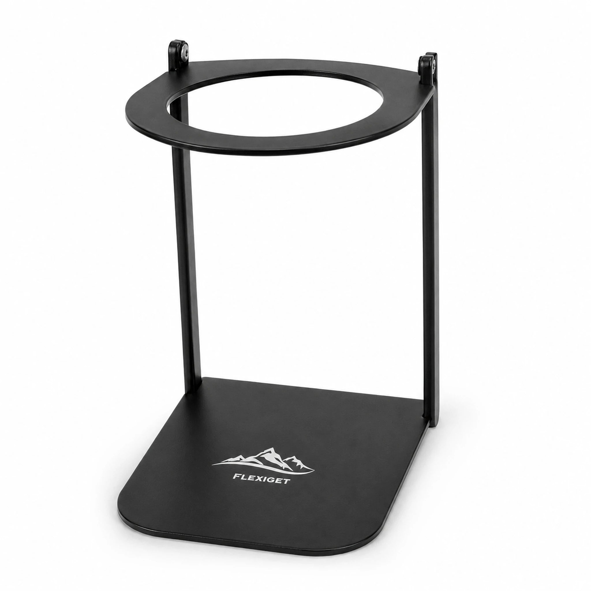 Support pliable FlexiGet en acier inoxydable noir avec logo montagne gravé, anneau universel pour cafetière espresso portable et café filtré pour-over